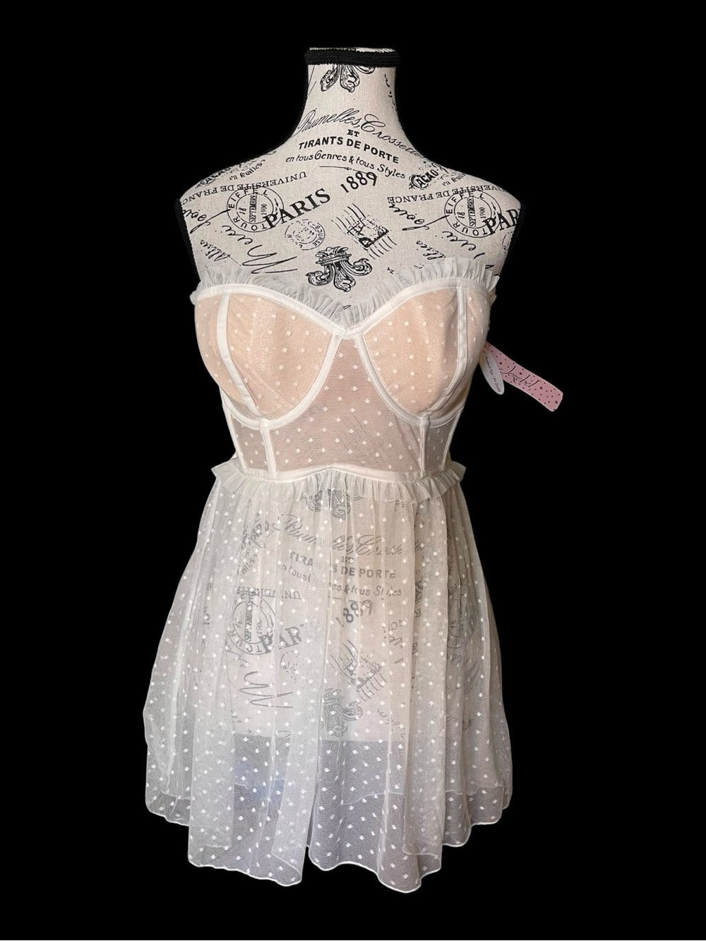 Jezebel Sheer Swiss Dot Babydoll Lingerie Dress Mesh Bustier Slip NWT Large